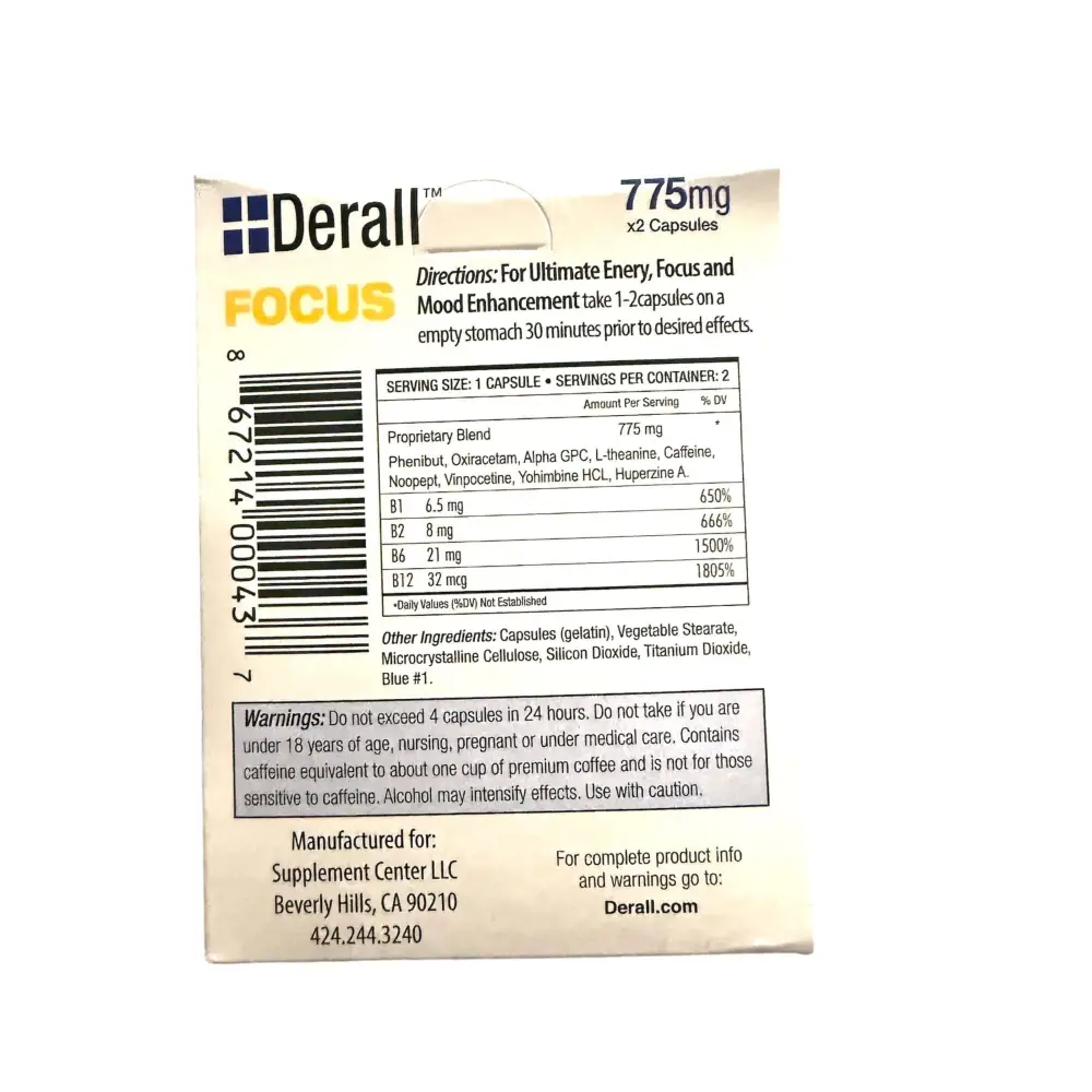 Derall Nootropic Brain-Booster 775mg Capsules Box - Dietary Supplement