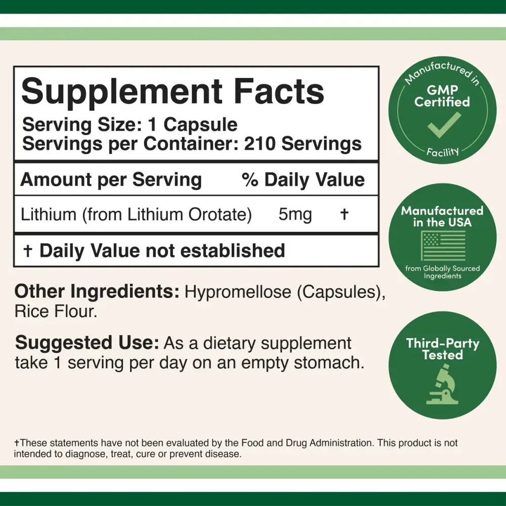 Lithium Orotate 5mg – Mood & Sleep Support Supplement (210 Capsules) - Dietary Supplement