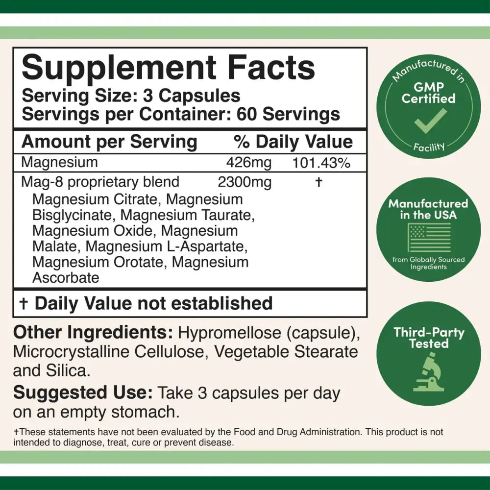 MAG-8 Magnesium Complex – 8 Forms of Magnesium for Optimal Health (100 Capsules) - Dietary Supplement
