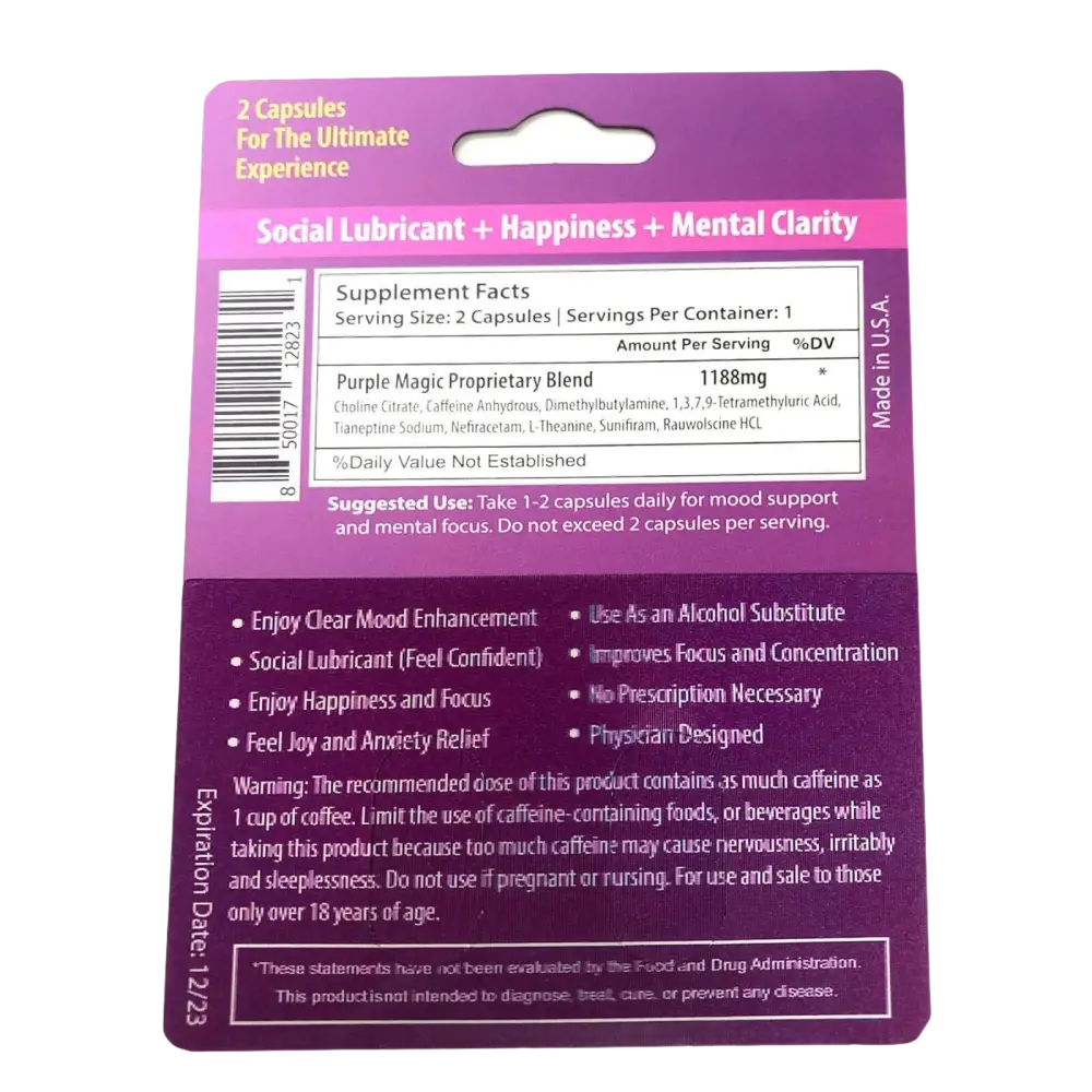 Purple Magic Focus Mood Enhancement Full Box 12 Card 24 Capsule - Dietary Supplement