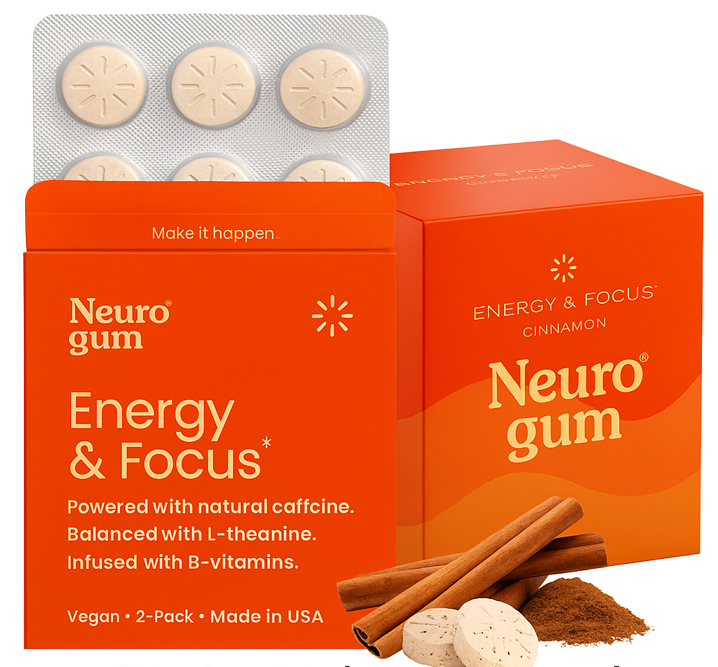 Neuro Gum Cinnamon – Energy & Focus | Vegan | Sugar-Free | B-Vitamins – Pack of 1 (9 Pieces)