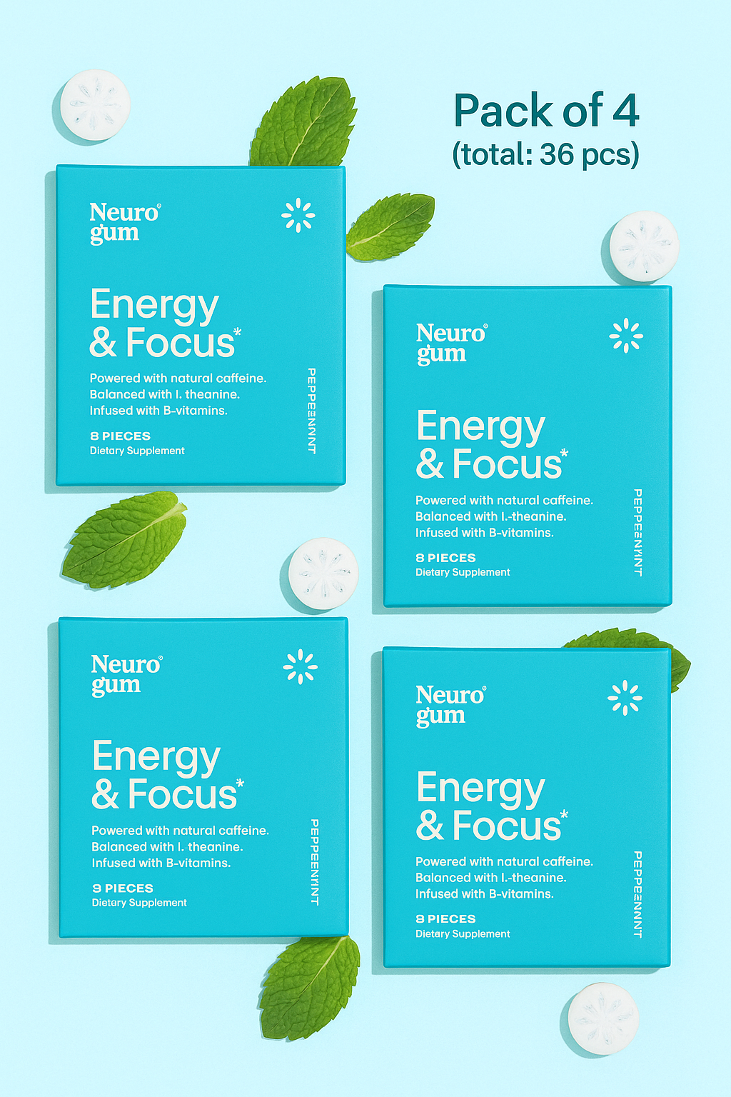 Neuro Gum Peppermint – Energy & Focus | Vegan | Sugar-Free | B-Vitamins – 4 Pack (36 Pieces)