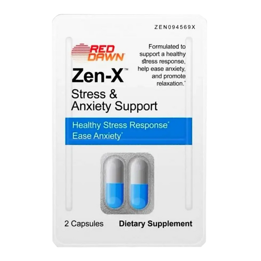 ZENX STRESS & ANXIETY SUPPORT 2 COUNT CAPSULE BLISTER BOX BY RED DAWN FULL BOX - Dietary Supplement