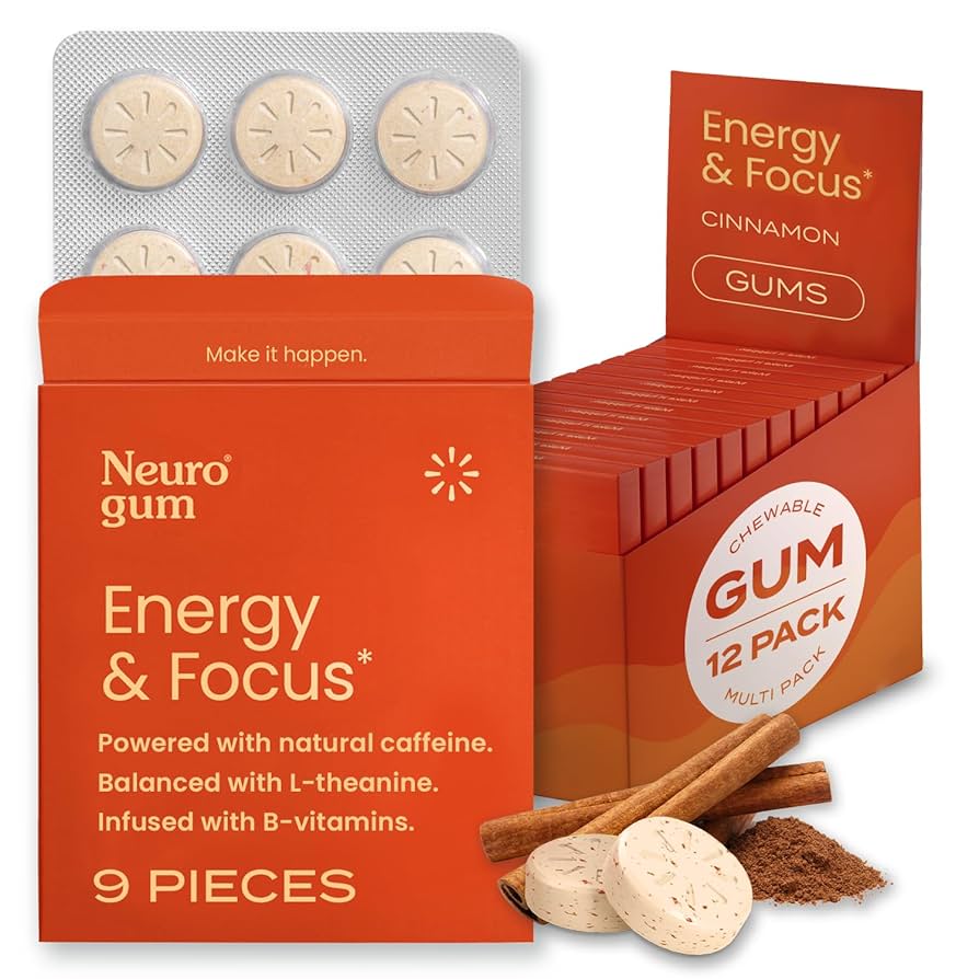 Neuro Gum Cinnamon – Energy & Focus | Vegan | Sugar-Free | B-Vitamins – 4 Pack (36 Pieces)