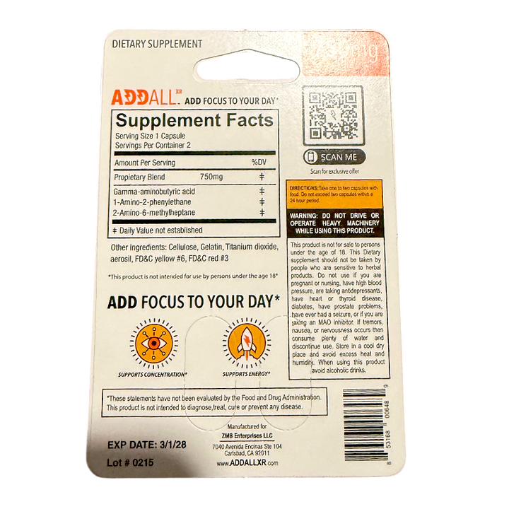 ADDALL XR 750mg Focus & Energy Support Supplement – 12 Pack (24 Capsules)