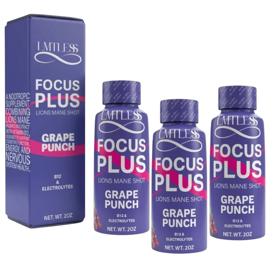LMTLESS Focus Plus Shots – Grape Punch | Lion’s Mane, B12 & Electrolytes 3 Pack