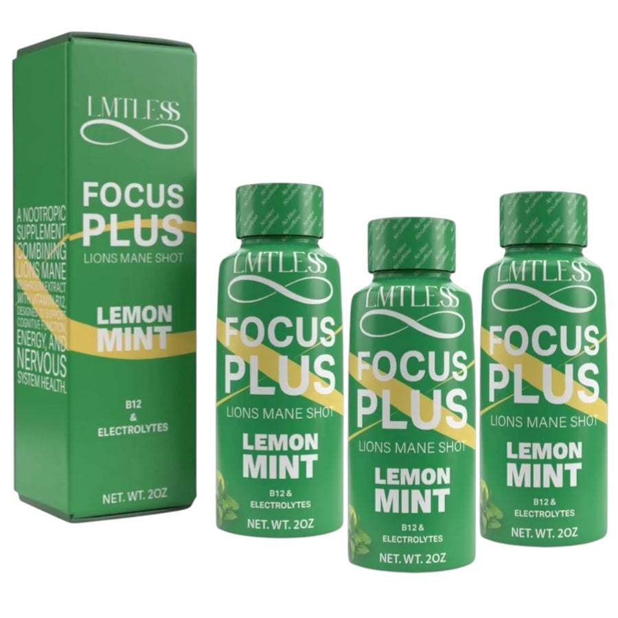 LMTLESS Focus Plus Shots – Lemon Mint | Lion’s Mane, B12 & Electrolytes 3 Pack