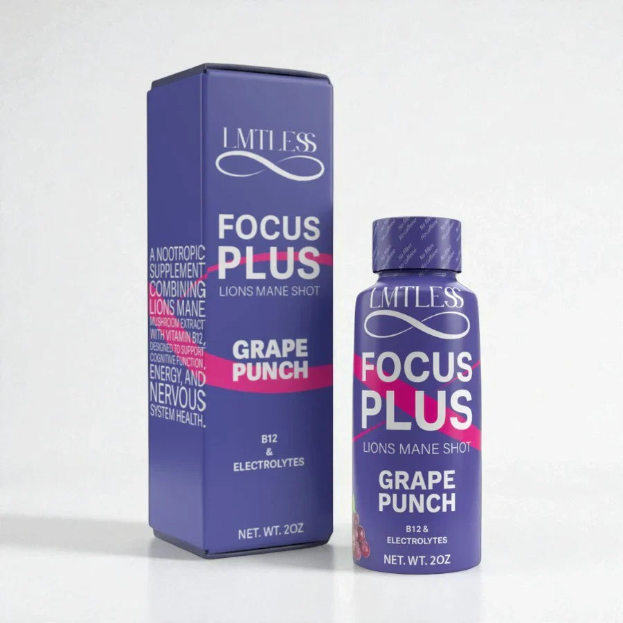 LMTLESS Focus Plus Shots – Grape Punch | Lion’s Mane, B12 & Electrolytes 3 Pack