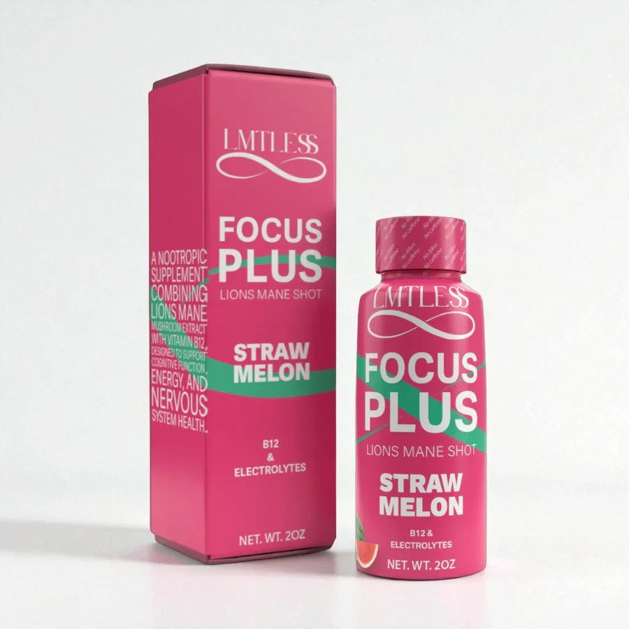 LMTLESS Focus Plus Shots – Straw Melon | Lion’s Mane, B12 & Electrolytes 3 Pack