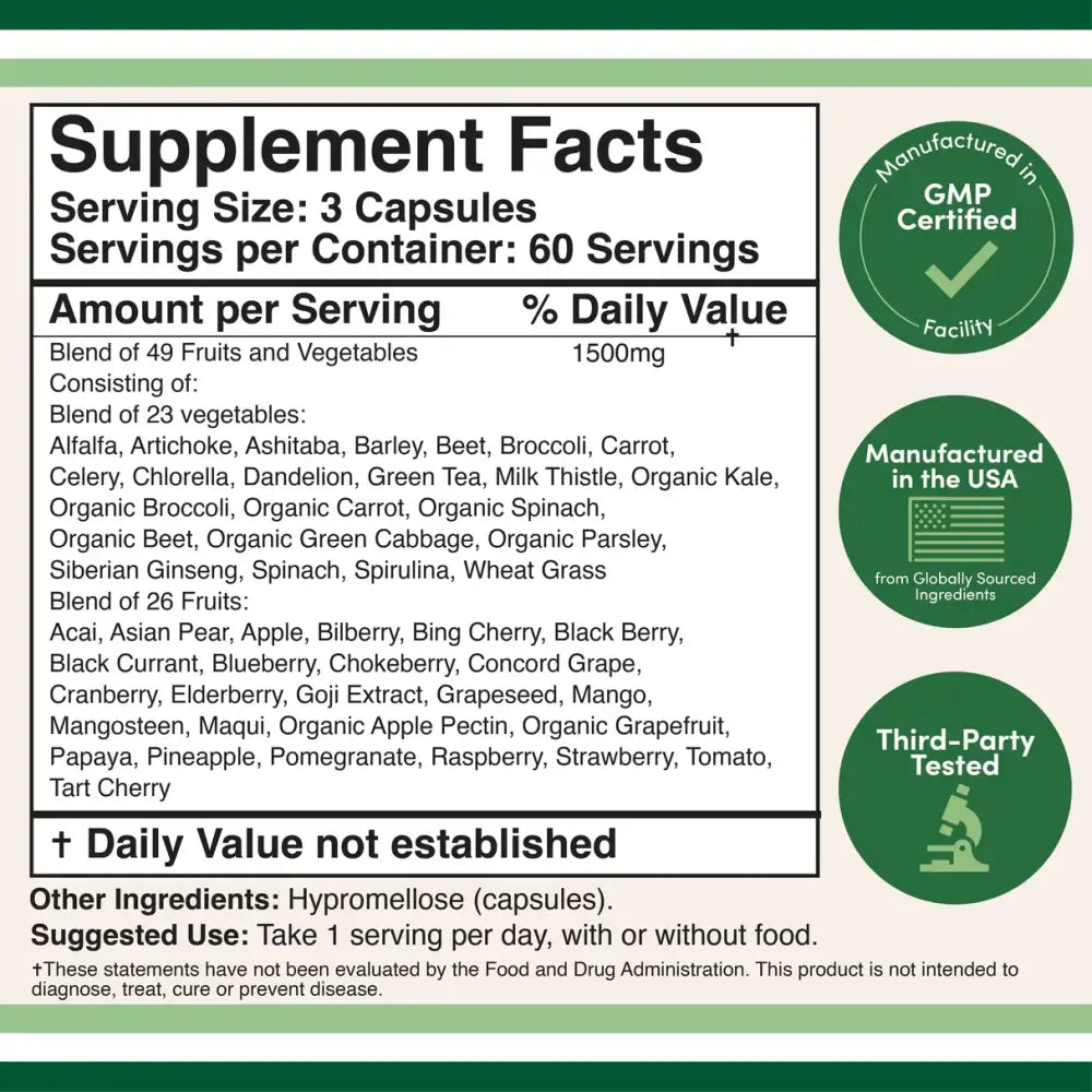 Fruits & Vegetables Supplement – 1,500mg of 49 Fruits & Veggies (100 Capsules) - Dietary Supplement
