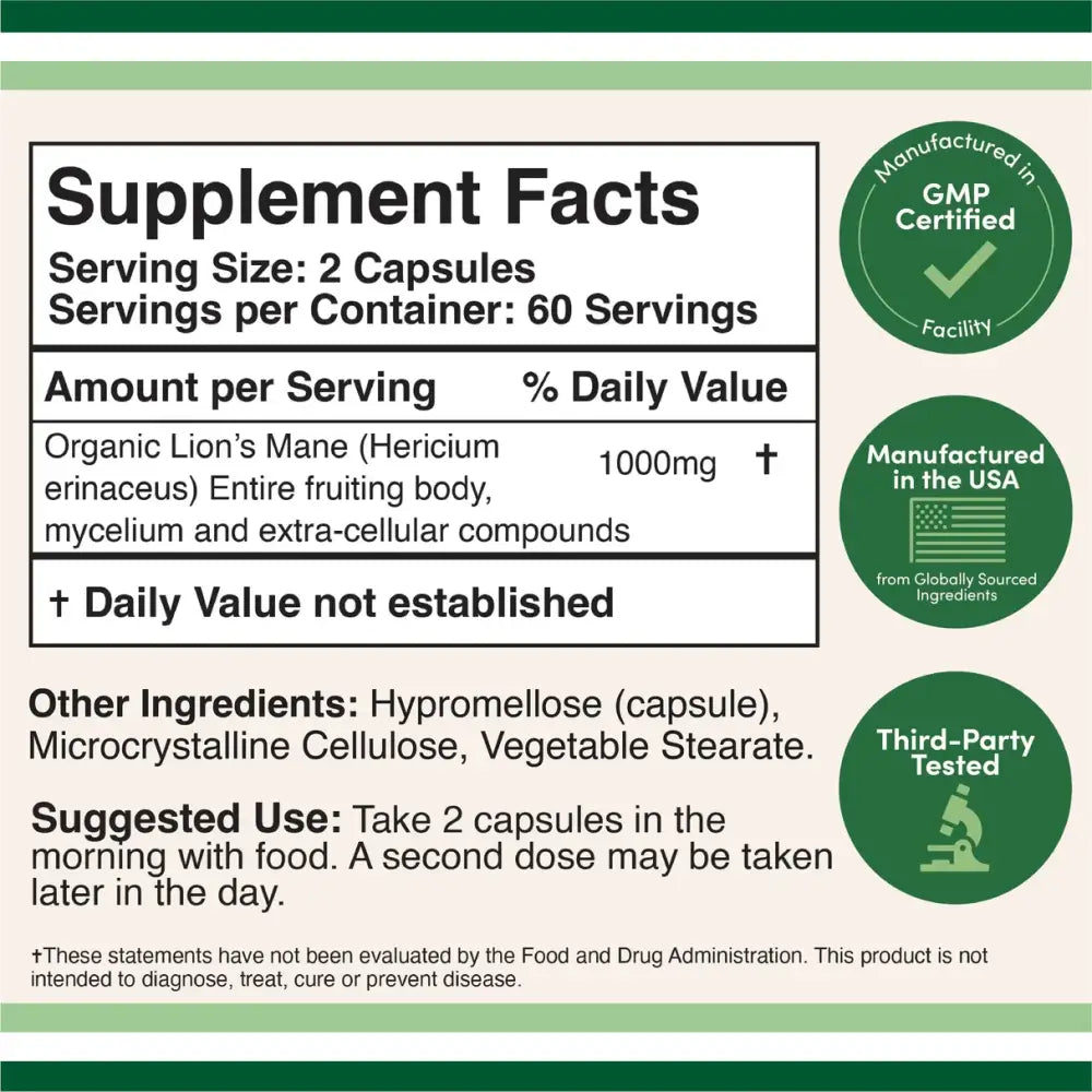 Lion’s Mane Mushroom Capsules – Brain Nerve and Immune Support – 120 Capsules - Dietary Supplement