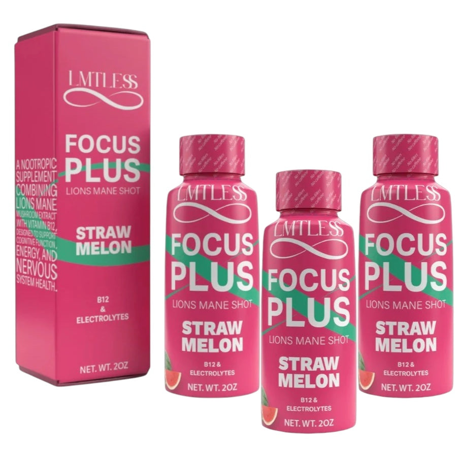 LMTLESS Focus Plus Shots – Straw Melon | Lion’s Mane, B12 & Electrolytes 3 Pack