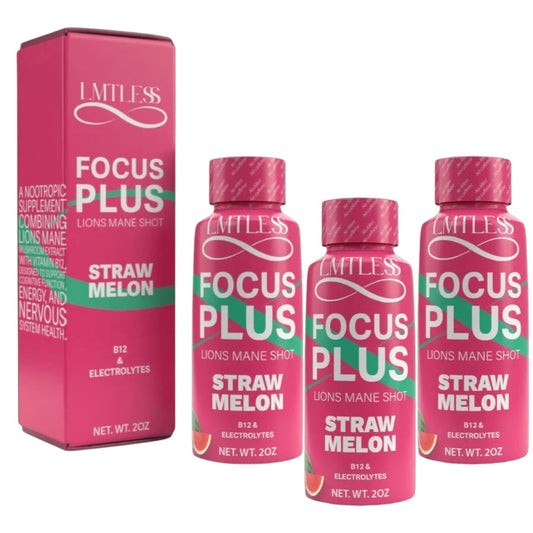 LMTLESS Focus Plus Shots – Straw Melon | Lion’s Mane, B12 & Electrolytes 3 Pack