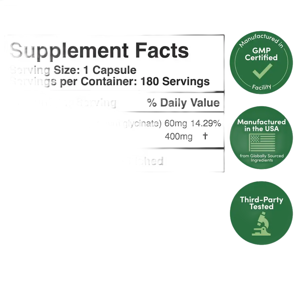 Magnesium Glycinate 400mg – High Absorption Gentle on Stomach (180 Capsules) - Dietary Supplement