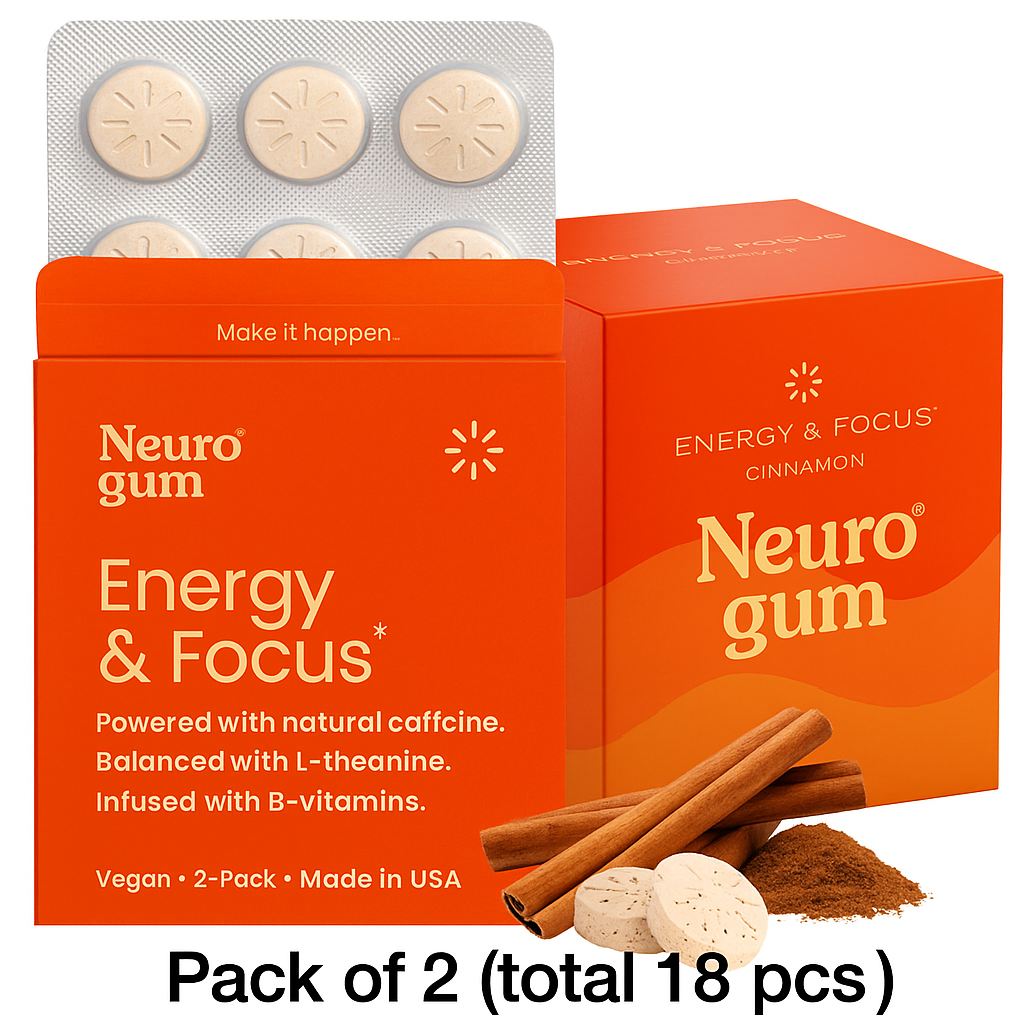 Neuro Gum Cinnamon – Energy & Focus | Vegan | Sugar-Free | B-Vitamins – 2 Pack (18 Pieces)
