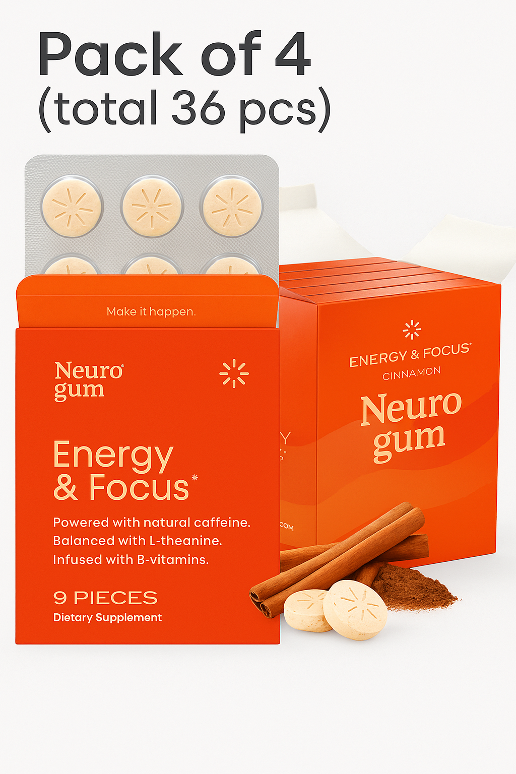 Neuro Gum Cinnamon – Energy & Focus | Vegan | Sugar-Free | B-Vitamins – 4 Pack (36 Pieces)