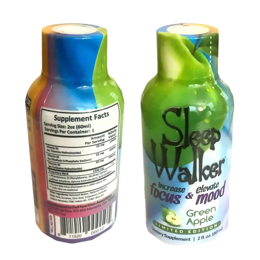 Sleep Walker Shot Green Apple Focus & Mood Optimizer Full Box 12 Bottles 2oz - Dietary Supplement