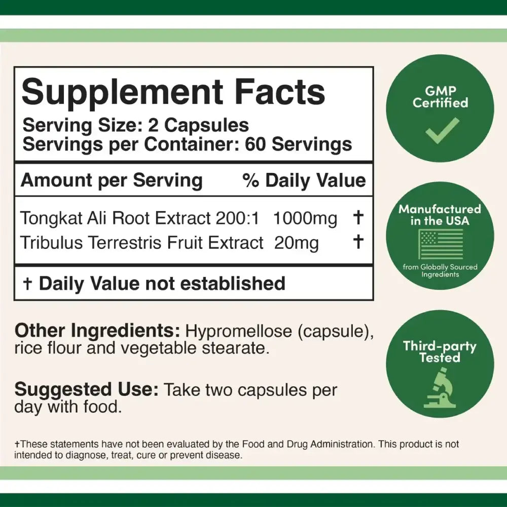 Tongkat Ali Extract 1000mg – Yellow Eurycoma Longifolia Jack – 120 Capsules - Dietary Supplement