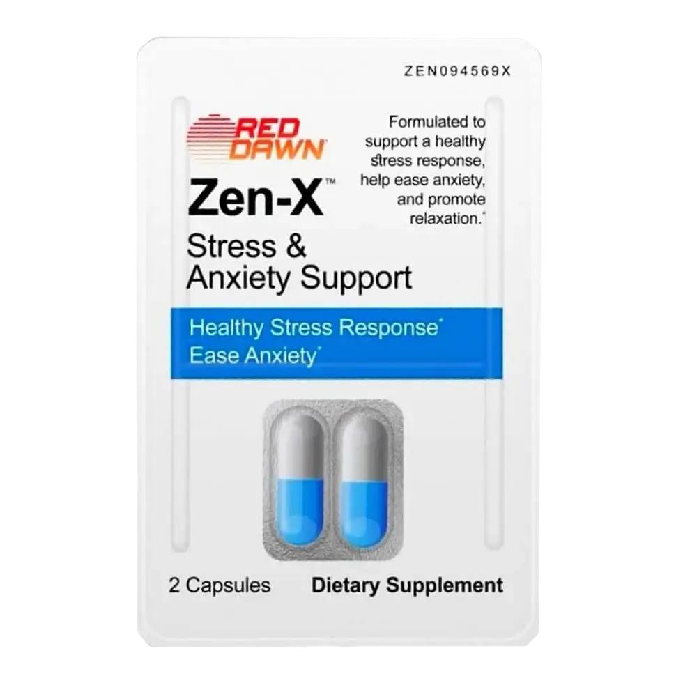 ZENX STRESS & ANXIETY SUPPORT 2 COUNT CAPSULE BLISTER BOX BY RED DAWN FULL BOX - Dietary Supplement